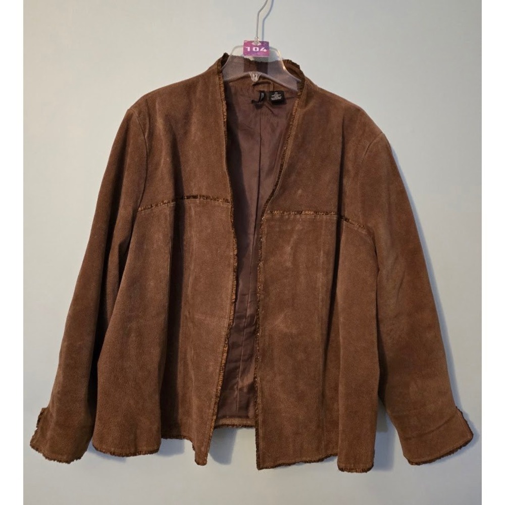 New Directions Womens Jacket Brown Suede Leather Open Front Coat Plus Size 3X